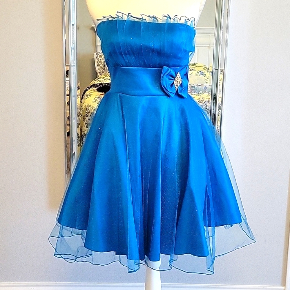 Elegant Blue F E Forever Dress with Bow, Size L